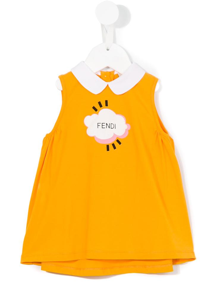 Fendi Kids Logo Cloud Print Dress, Toddler Girl's, Size: 24 Mth, Yellow/orange