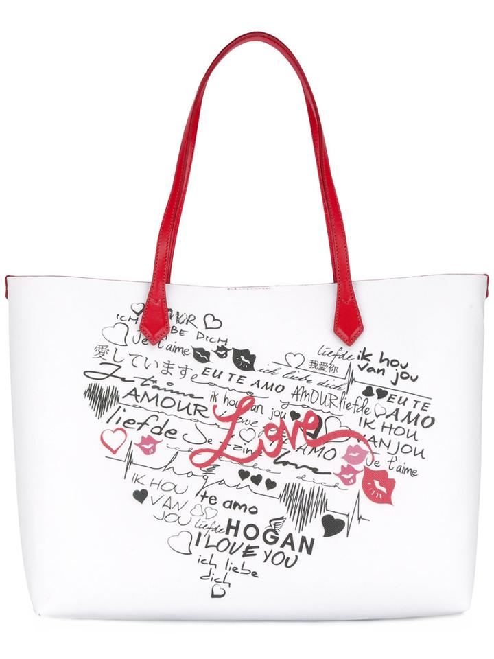 Hogan Heart Print Tote, Women's, White, Leather