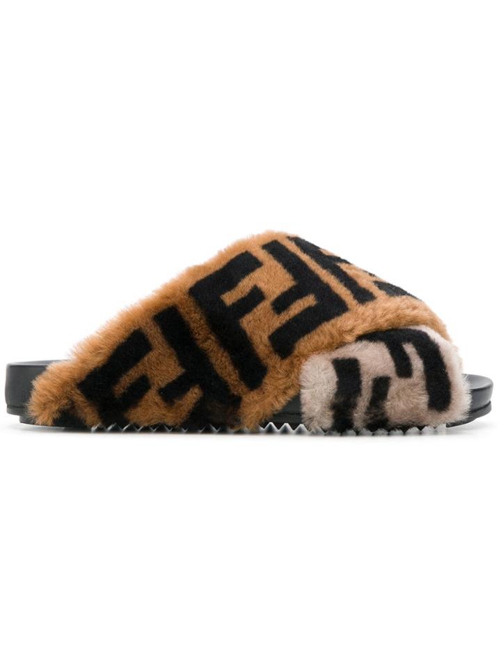 Fendi Shearling Ff Logo Sandals - Brown
