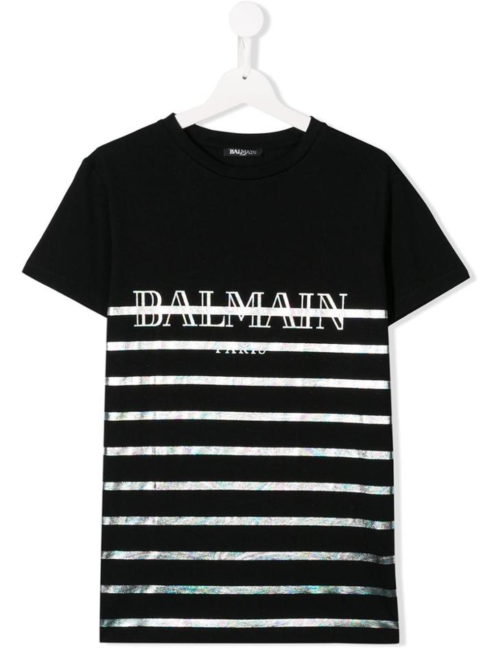 Balmain Kids Teen Holographic Logo Stripe Top - Black