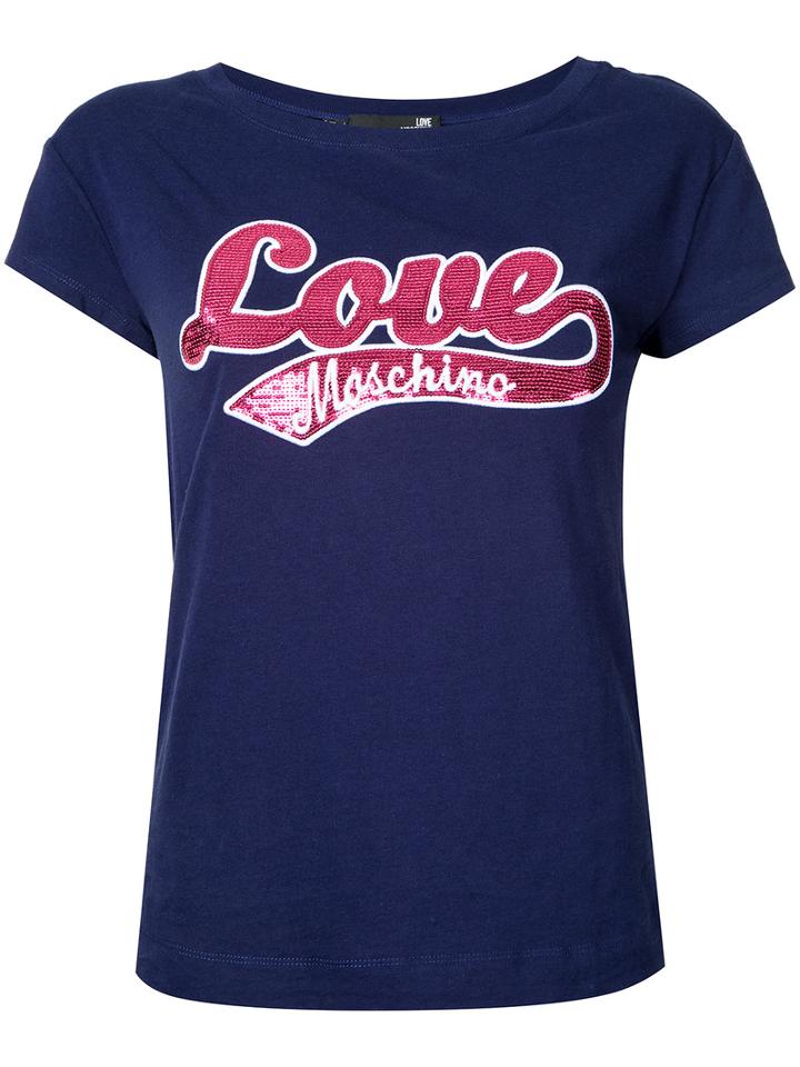 Love Moschino Logo Front T-shirt, Women's, Size: 40, Blue, Cotton/spandex/elastane