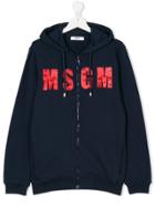 Msgm Kids Logo Print Zipped Hoodie - Blue