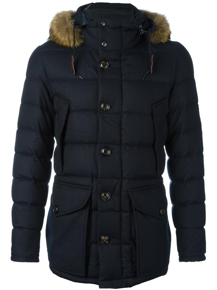 Moncler 'rethel' Padded Short Coat, Men's, Size: 4, Blue, Calf Leather/feather Down/polyamide/coyote Fur