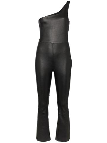 Sprwmn Leather One Shoulder Flared Cropped Jumpsuit - Black