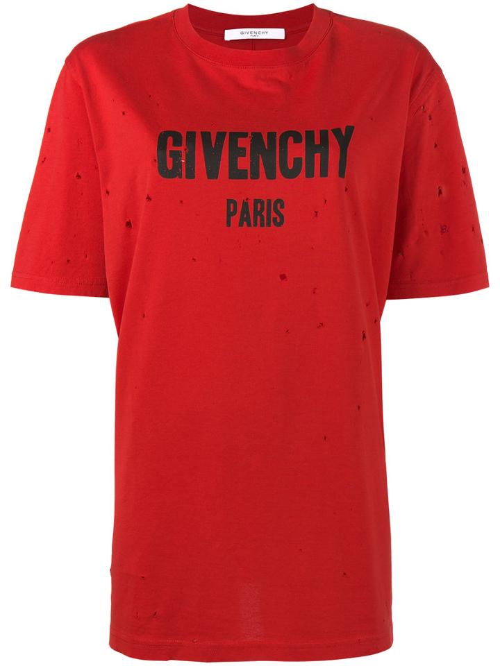 Givenchy - Oversized Distressed T-shirt With Logo Print - Women - Cotton - L, Red, Cotton
