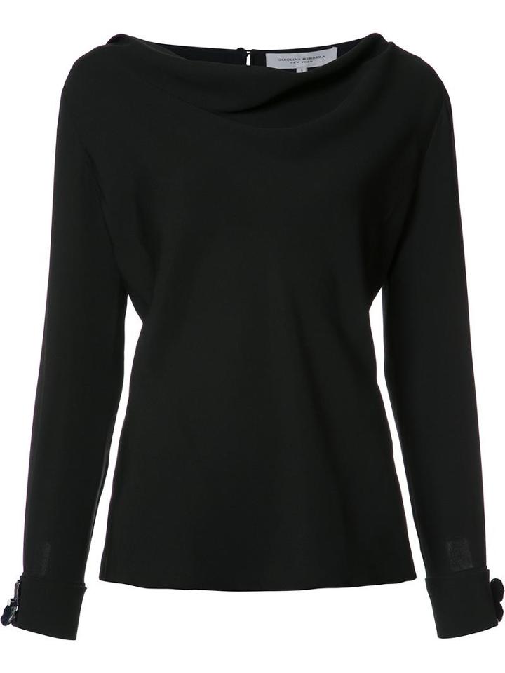Carolina Herrera Flower Cuff Boatneck Blouse, Women's, Size: 12, Black, Silk/metal