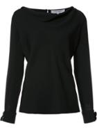 Carolina Herrera Flower Cuff Boatneck Blouse, Women's, Size: 12, Black, Silk/metal