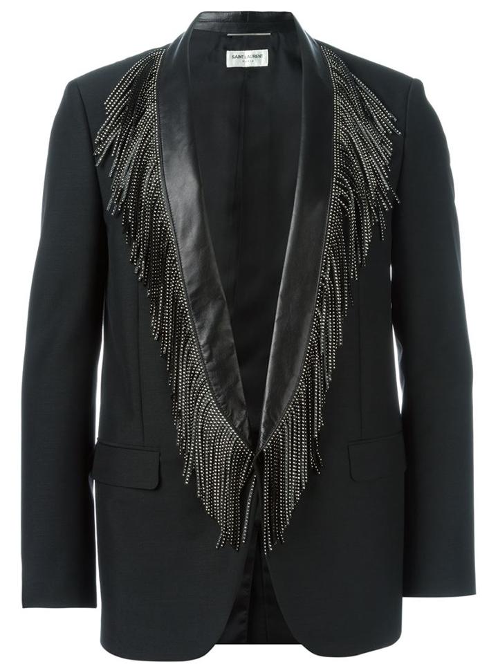 Saint Laurent Fringed Lapels Blazer, Men's, Size: 48, Black, Silk/lamb Skin/mohair/metal (other)
