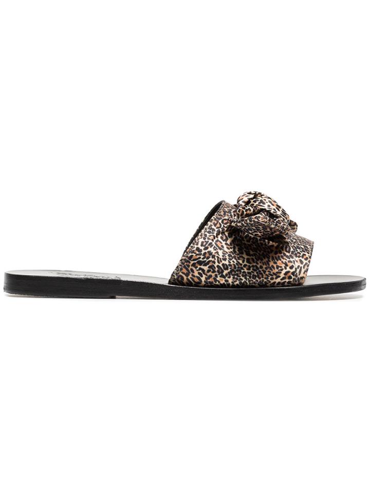 Ancient Greek Sandals Brown Taygete Leopard Print Satin Bow Slides -