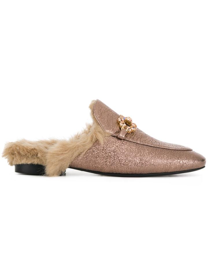 Emanuela Caruso Faux Fur-lined Embellished Mules - Metallic