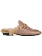 Emanuela Caruso Faux Fur-lined Embellished Mules - Metallic
