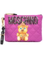 Moschino Bear Print Clutch, Women's, Pink/purple, Nylon/leather