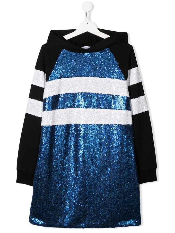 Monnalisa Teen Stripe-sequin Hoodie Dress - Blue