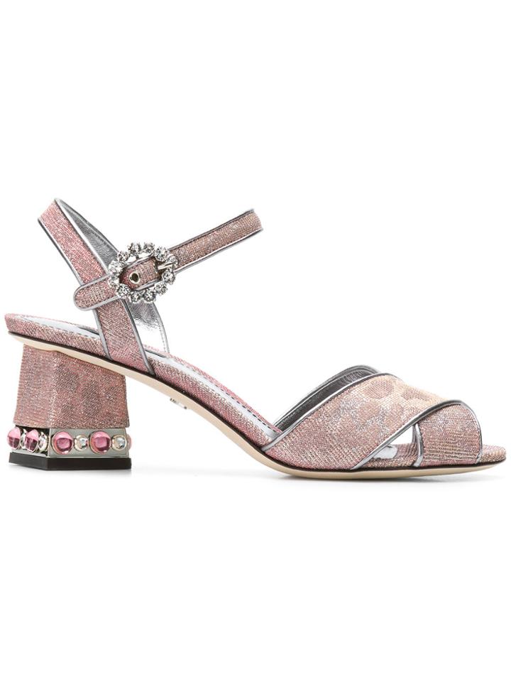 Dolce & Gabbana Cross Front Jeweled Heel Sandal - Red