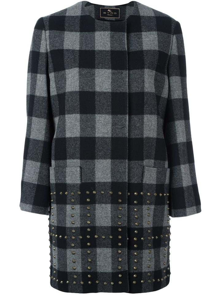 Etro Stud-embellished Checked Coat - Black
