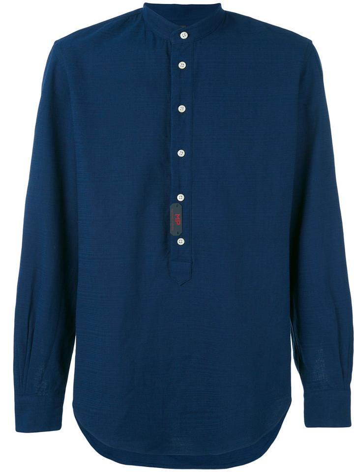 Mp Massimo Piombo - Band Collar Shirt - Men - Cotton/linen/flax/spandex/elastane - 42, Blue, Cotton/linen/flax/spandex/elastane