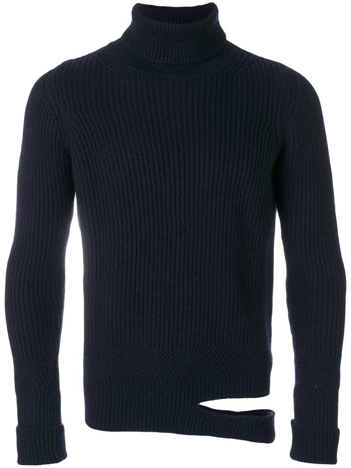 Common Wild Cut Out Hem Ribbed Turtleneck Sweater - Blue