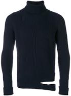 Common Wild Cut Out Hem Ribbed Turtleneck Sweater - Blue