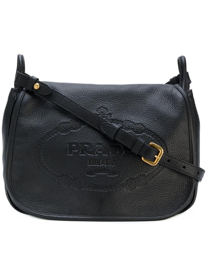 Prada Logo Embossed Shoulder Bag - Black