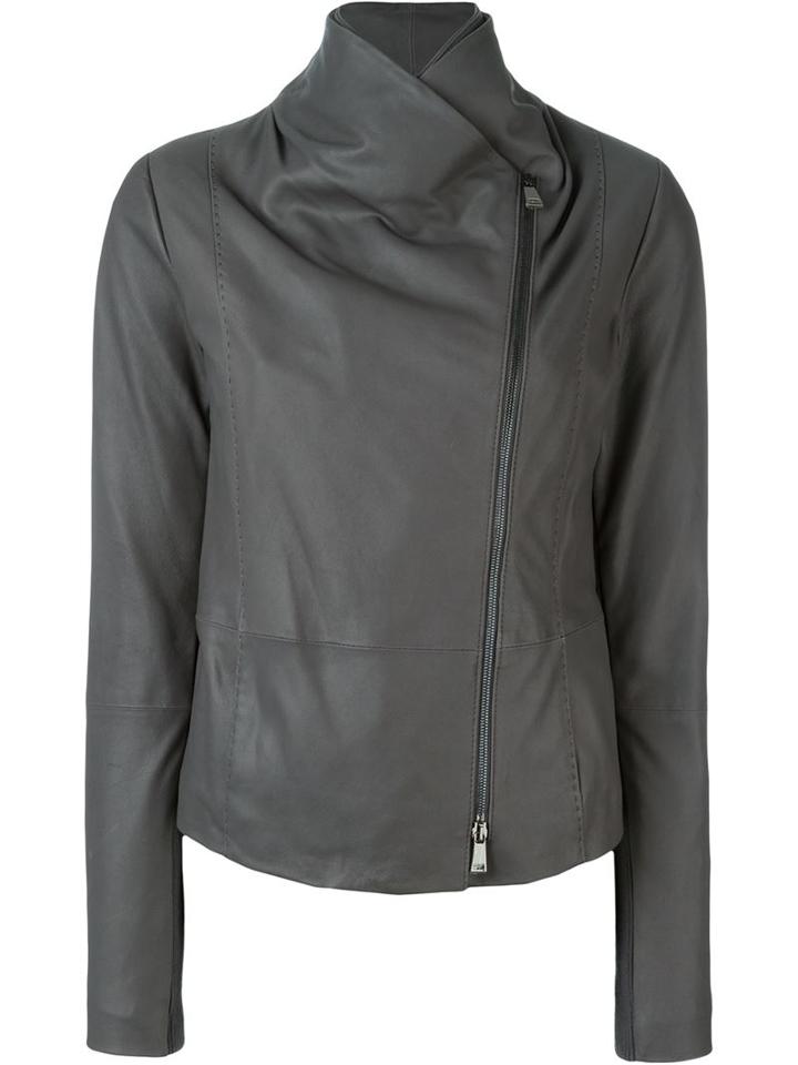 Vince Scuba Asymmetric Fastening Leather Jacket, Women's, Size: M, Grey, Cotton/goat Skin