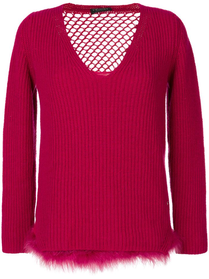 Twin-set Jumper With Faux Fur Trim - Pink & Purple