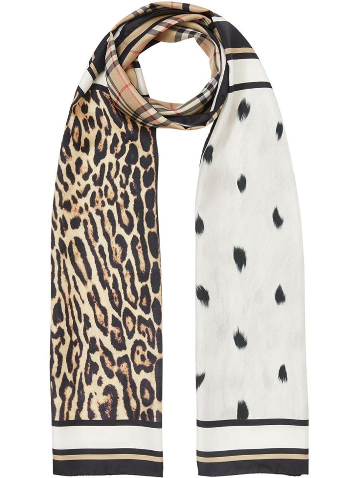Burberry Vintage Check And Animal Print Silk Scarf - Neutrals
