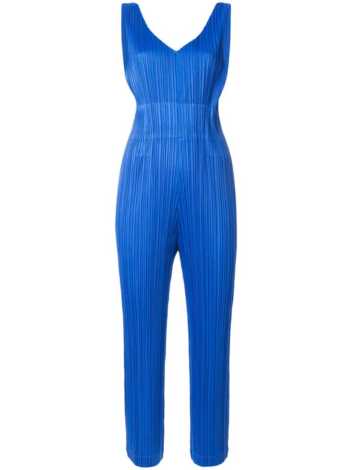Pleats Please By Issey Miyake Pleated V-neck Jumpsuit - Blue