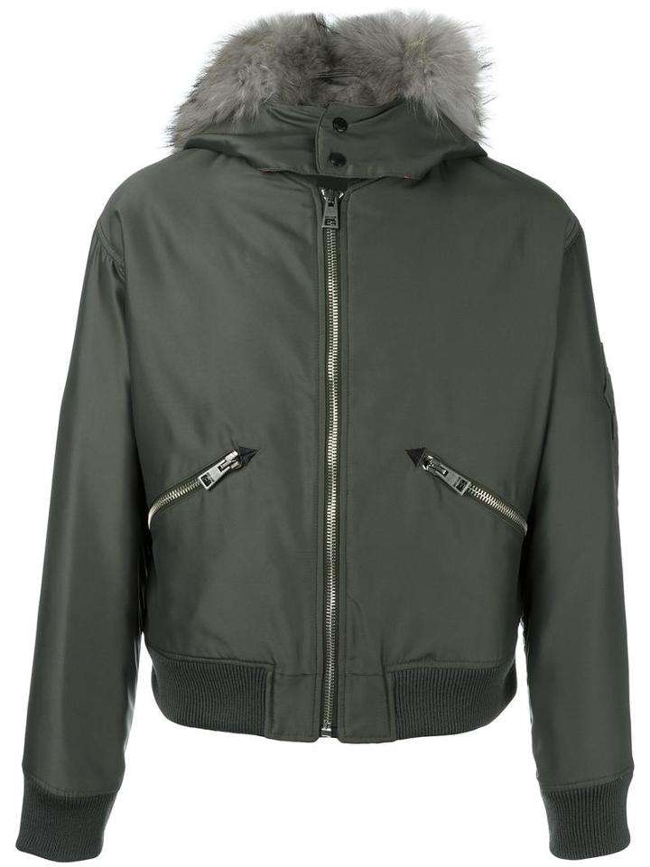 Just Cavalli Fur Collar Bomber Jacket, Men's, Size: 46, Green, Polyamide/viscose/acetate/cotton