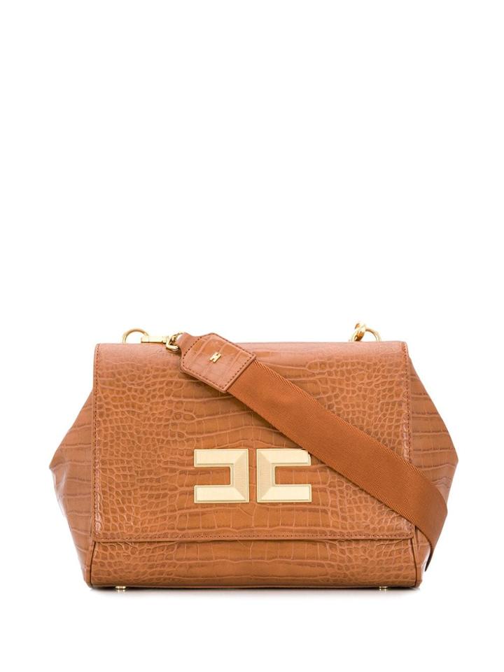 Elisabetta Franchi Crocodile Effect Logo Plaque Tote - Neutrals