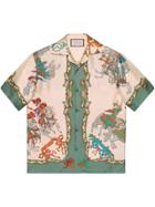 Gucci Silk Bowling Shirt With Jousting Print - Neutrals