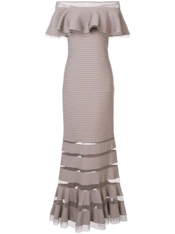 Tadashi Shoji Off Shoulder Pleated Trim Dress - Nude & Neutrals
