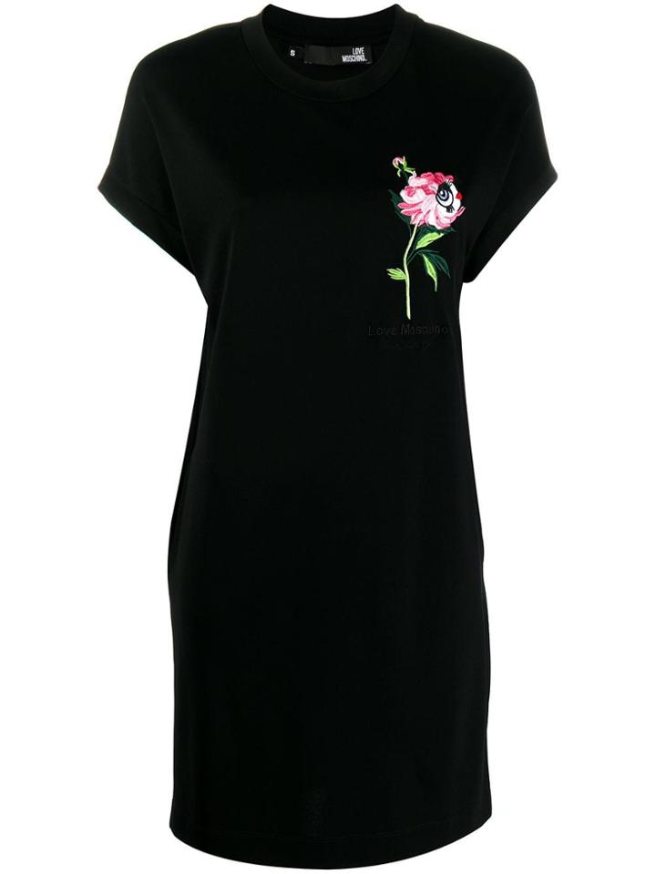 Love Moschino Embroidered Flower T-shirt Dress - Black