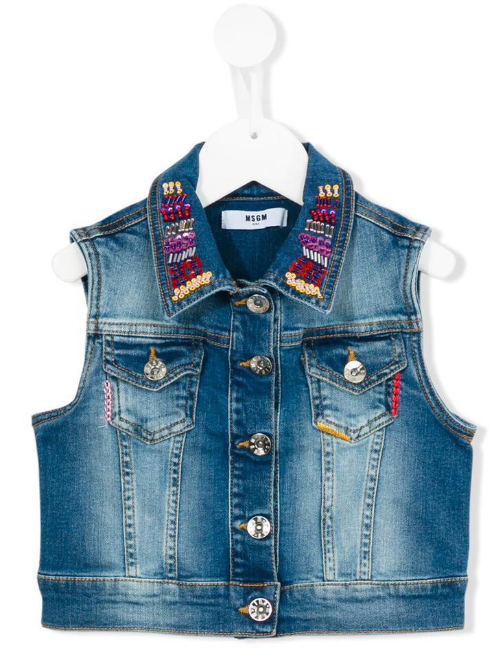 Msgm Kids Embellished Denim Gilet, Girl's, Size: 12 Yrs, Blue