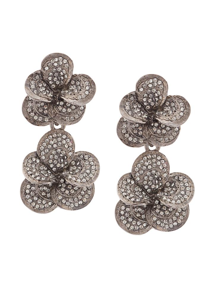 Oscar De La Renta Flower Pave Earrings - Black