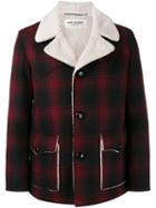Saint Laurent Faux Shearling Checked Coat, Men's, Size: 52, Red, Silk/cotton/polyester/wool