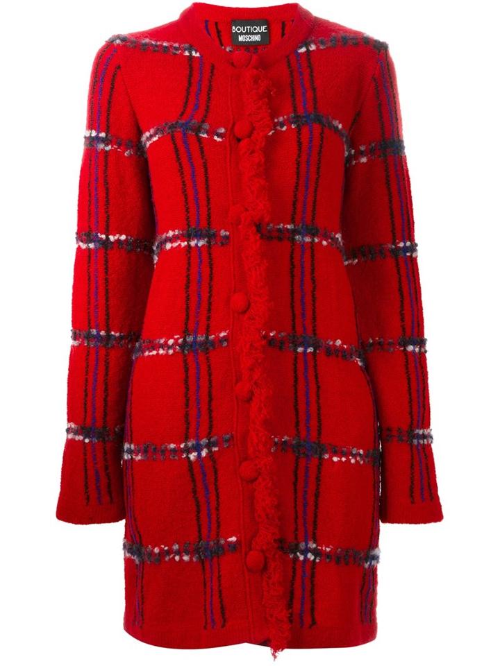 Boutique Moschino Checked Knit Coat, Women's, Size: 44, Red, Polyamide/wool