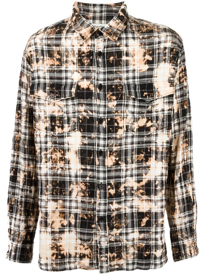 Saint Laurent Bleached-effect Checked Shirt, Men's, Size: Large, Black, Cotton/spandex/elastane
