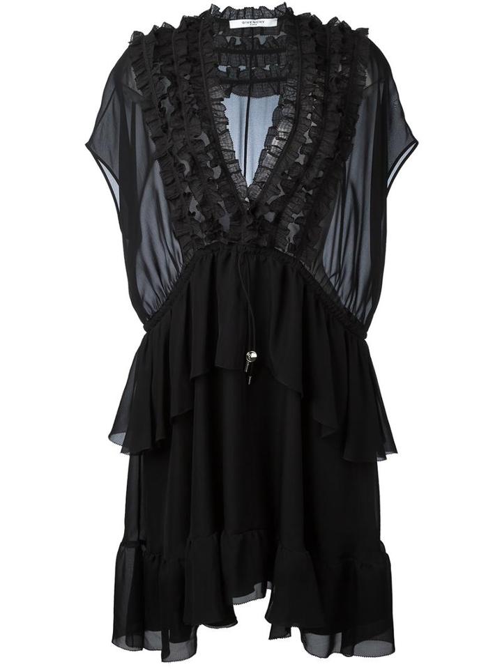 Givenchy Ruffle Trim Sheer Panel Dress, Women's, Size: 38, Black, Silk/acetate/cotton