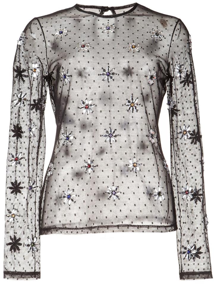 Moschino Floral Jeweled Sheer Mesh Top - Black
