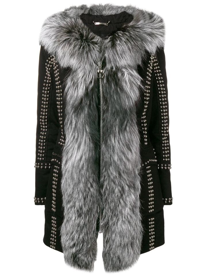 Philipp Plein Studded Zipped Fur-trim Coat - Black