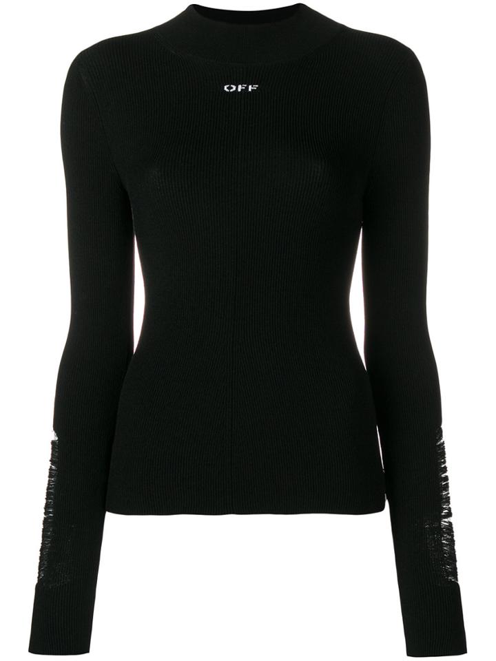 Off-white Laddered Ribbed Mock Neck Top - Black