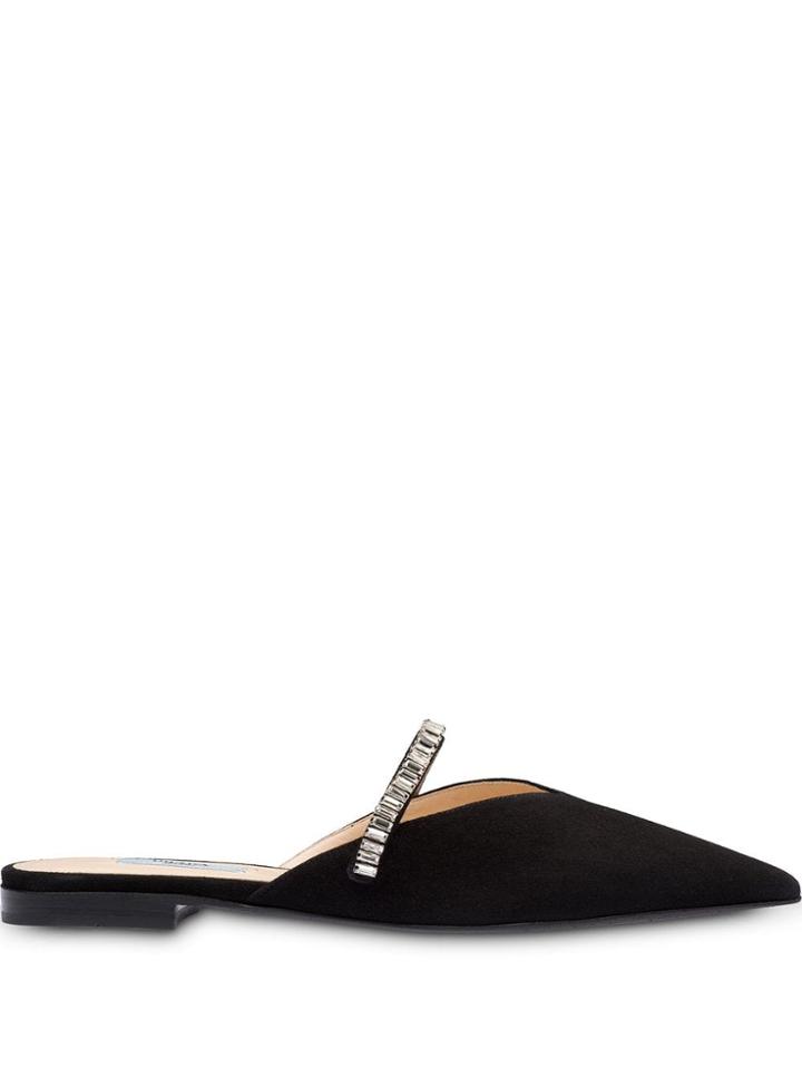 Prada Flat Suede Mules With Crystals - Black