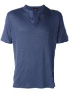 Roberto Collina Open Collar T-shirt, Men's, Size: 50, Blue, Linen/flax/spandex/elastane