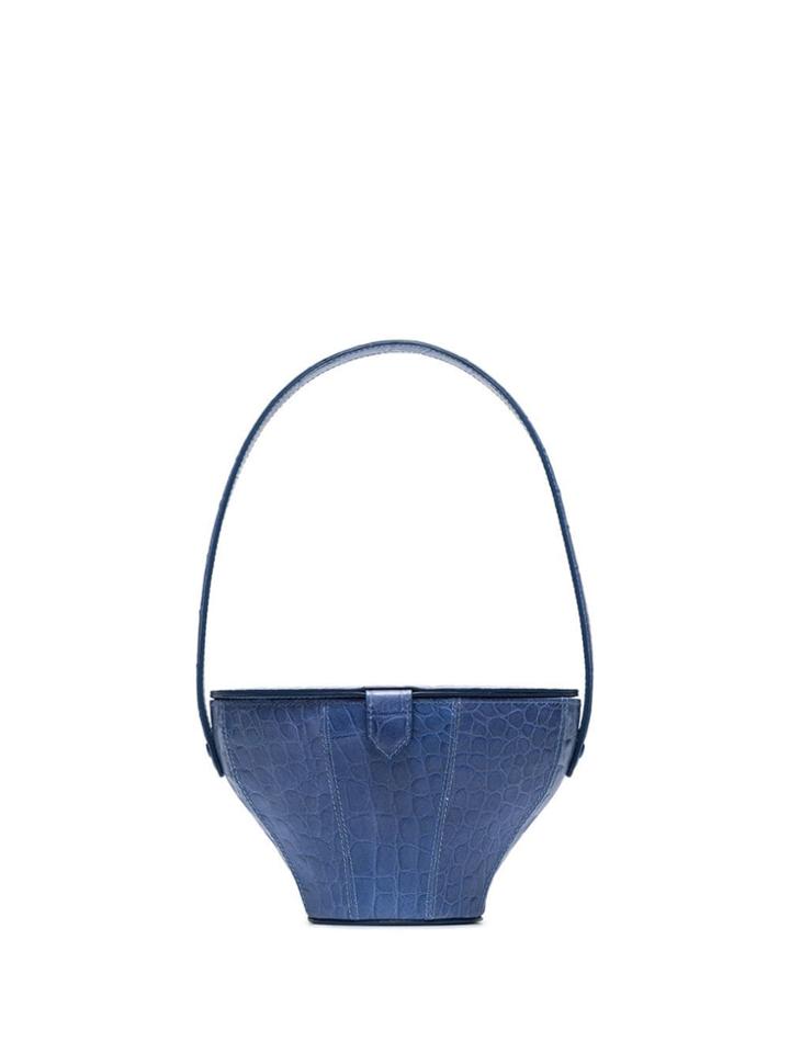 Staud Coastal Blue Alice Medium Mock Croc Leather Box Bag