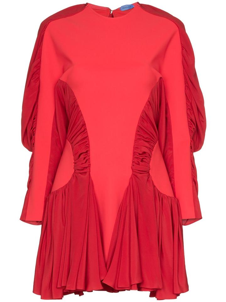 Mugler Ruched Sleeve Pleated Mini Dress - Red