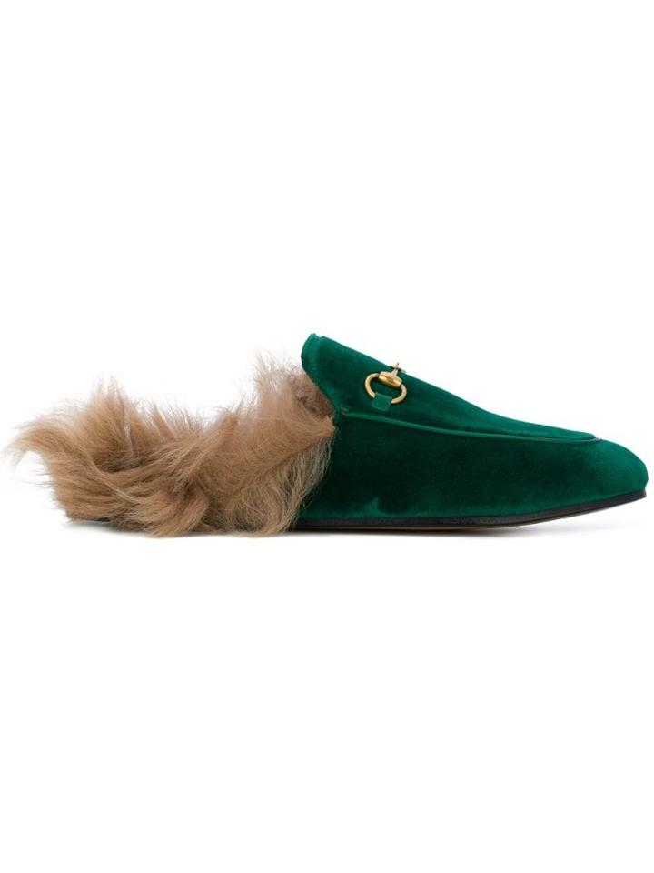 Gucci Emerald Princetown Velvet Fur Lined Mules - Green