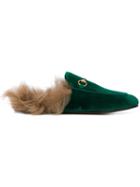Gucci Emerald Princetown Velvet Fur Lined Mules - Green