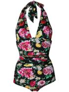 Dolce & Gabbana Floral Print Halterneck Swimsuit - Black