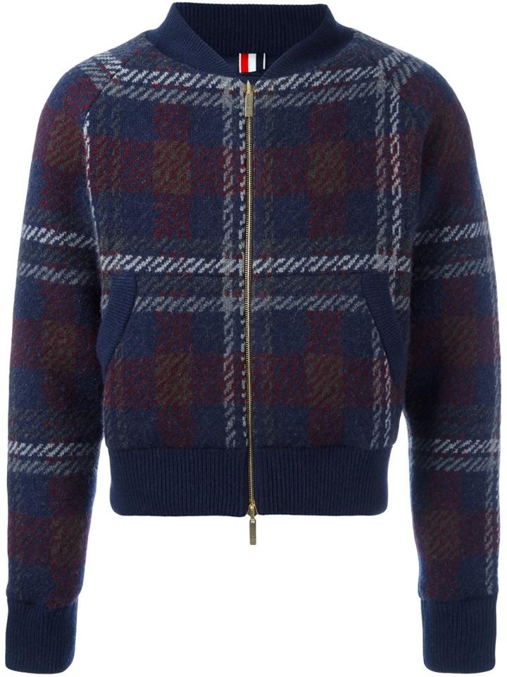 Thom Browne Checked Knit Bomber Jacket, Men's, Size: 3, Blue, Polyester/cashmere/wool