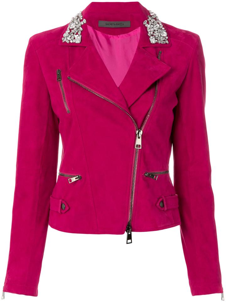Simonetta Ravizza Embellished Collar Leather Biker Jacket - Pink &